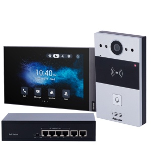 Kit de videoporteiro Android - IP | Placa e monitor - Áudio bidireccional Crystal Clear - Leitor EM/MF e NFC | PoE standard - 2 Saídas de relé | Resistente a vandalismo - Conexão através da cloud