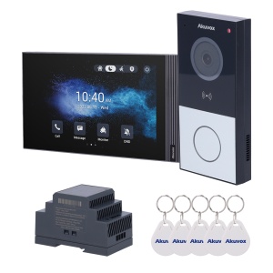 Kit de videoporteiro Linux - 2 Fios e Wi-Fi | Placa e monitor IPS - Áudio bidireccional Crystal Clear - Leitor MF, NFC e Bluetooth - 1 saída de relé - Conexão através da cloud