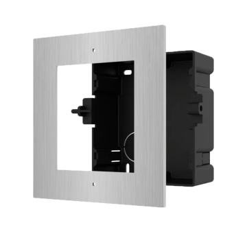 Painel frontal e caixa de registro encastrada - Até 1 módulo - Específico para video porteiros Hikvision - Compatível com os módulos Hikvision - Caixa de plástico - Painel fabricado em aço inoxidável