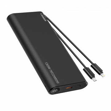 Power Bank Veger avec écran LCD - Capacité de 25000mAh - Entrées USB -C et câbles intégrés - USB -C, USB -A et câbles intégrés - Câbles intégrés: USB -C et Lightning - Charge rapide 130W | 4 chargement de l'appareil