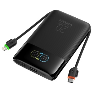 Power Bank VEGER com ecrã LCD, preto - Capacidade 10000mAh / PD 20W - Entradas USB-C e cabo integrado - Saídas USB-C, USB-A e cabos integrados - Cabos integrados: USB-C e Lightning - Carregamento ultrarrápido 4 dispositivos em simultâneo