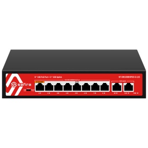 Safire Switch Hi-PoE - 8 portas PoE + 2 Uplink RJ45 - 10x 10/100/1000Mbps - 7 Portas PoE+ 30W + 1 Portas Hi-PoE 60W - PoE Watchdog - Até 115W Potência PoE total