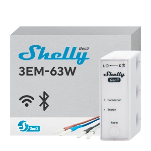 Shelly 3EM-63W Gen3 - WiFi 2.4 GHz / Bluetooth - Medidor de consumo - Suporta 220-240 V - Ideal para habitação - Compatível com Alexa e Google