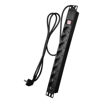 Steckdose - 1U-Rackformat - 8 Ausgänge bis 250VAC / 16 A max. - Ein-/Ausschalter – 2 m Kabel – schwarze Farbe