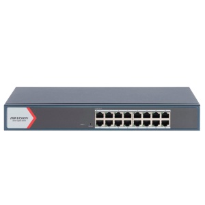 Switch gerenciável da Hikvision Camada 2 - 16 Portas de rede Gigabit Ethernet - Velocidade Gigabit 10/100/1000 Mbps por porta - Consumo ultra eficiente / Máximo de 12W - Suporte de poupança de energia IEEE 802.3az - Prevenção de loops com suporte a STP/RS