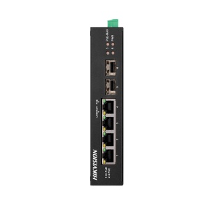 Switch Industrial PoE Hikvision - 4 portas RJ45 Gigabit + 2 portas Gigabit SFP - 3 Portas PoE+ e 1 Porta HiPoE - Até 60w Potência PoE total - Instalação em trilho DIN