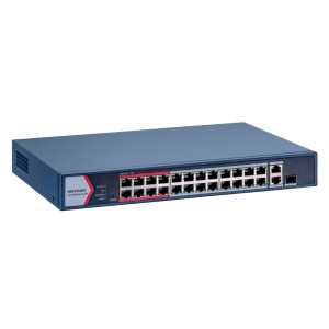 Switch Poe Hikvision - 24 ports RJ45 Fe +1 x GE RJ45 + 1x GE RJ45 / SFP - 24 PoE + 802.3af / AT - Jusqu'à 230W POLIE POE POE - POE EXPELT / POE Watchdog / Doors Isolation - Rack / Wall / Installation de bureau
