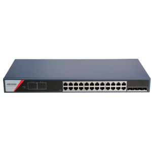 Switch PoE Hikvision - 24 puertos RJ45 GE + 4 puertos Gigabit SFP - 24 puertos PoE+ 802.3af/at - Potencia PoE total de hasta 370 W - PoE extendido / PoE Watchdog / Aislamiento de puertos - Instalación en rack/pared/escritorio