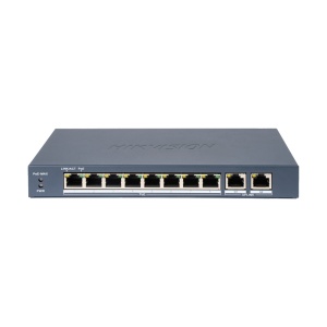 Switch PoE Hikvision - 8 portas 10/100 Mbps + 2 Gigabit RJ45 - 8 portas PoE IEEE 802.3af/at - Até 80W Potência PoE total - Instalação na parede ou na secretária - PoE Watchdog &amp; Port Isolation