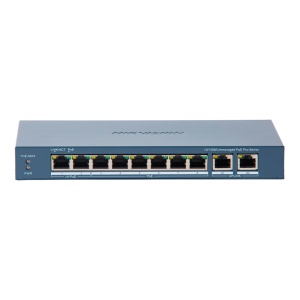 Switch PoE Hikvision - 8 portas 10/100 Mbps PoE + 2 Gigabit RJ45 - 2 Porta PoE++ 802.3bt - Até 110W Potência PoE total - Instalação na parede ou na secretária - PoE Watchdog &amp; Port Isolation