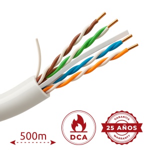 Uniview Cabo UTP de categoria 6. - Condutor OFC,100% cobre - Diâmetro 24 AWG-0,53mm - Certificado Dca-s2,d2,a2 - Capa exterior LSZH / Branco - Fornecido numa caixa de cartão de 500m.