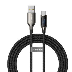 Veger - Cabo USB 2.0 para qualquer dispositivo - USB-A para USB-C - Conector em liga de zinco com ecrã digital - Carregamento rápido PD 66W | 480Mbps - Comprimento 1.2m | Cor preta