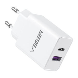 VEGER - Carregador USB - Potencia 30W - Carregamento rápido - Saídas USB-A, USB-C - Cor branco