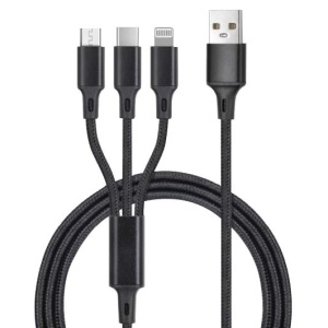 105515016 - Cabo carregador 3 em 1 (USB Tipo C, conector Lightning e micro USB) nylon trançado 1,2M