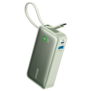 Anker Power Bank mit LCD-Bildschirm – Kapazität 10.000 mAh – 1x USB-C-Eingang und USB-C-Kabel – USB-A, USB-C-Ausgänge und USB-C-Kabel – Laden Sie 3 Geräte gleichzeitig – grüne Farbe | 30W Schnellladung