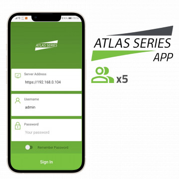 Anwendungslizenz für die Zugangskontrolle – Kapazität für 5 Administratoren – Benutzerverwaltung und Fernöffnungen – Geeignet für Android und iOS – Mehrsprachig – Kompatibel mit Controllern der ATLAS-Serie