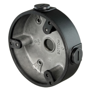 Caixa de conexões - Para câmaras dome - Apto para uso exterior - Instalação em tecto ou parede - Passador de cabos - Cor preta 34 (A) x 122 (Ø) mm