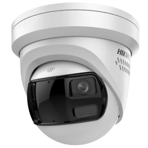 Câmara IP Turret Panorâmica 180º da gama PRO - Resolução 8 Mpx | Lente 2 x 2 mm (180º) - Luz híbrida 30m | Sirene e luz intermitente de dissuasão - AcuSense | Áudio | Alarmes - Detecção de movimento 2.0 - PoE | Grau de proteção IP67