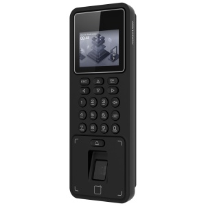 Controlo de acesso e presença - Impressão digital, cartão EM e PIN - 3.000 utilizadores | 100.000 registos - TCP/IP, WiFi, USB e RS485 - 2.4" TFT | Controlador integrado - iVMS-4200 | Hik-Connect
