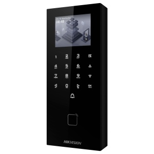 Controlo de acesso e presença PoE IP65 - Cartão MF, código QR dinâmico e PIN - 5.000 utilizadores | 150.000 registos - TCP/IP, WiFi, USB, RS485 e Wiegand - 2.4" TFT | Controlador integrado - iVMS-4200 | Hik-Connect