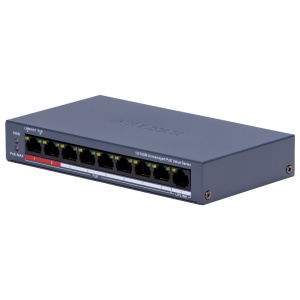 Desktop Switch da Hikvision - 8 Portas PoE + 1 Porta Uplink (RJ45) - Velocidade 10/100 Mbps - Até 80W no total para todas as portas - Compatível com PoE IEEE802.3af/at