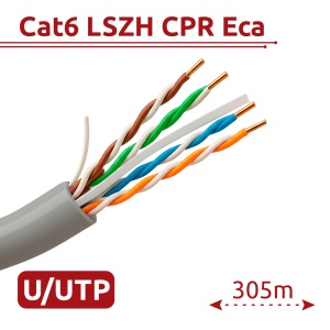 Hikvision cabo UTP categoria 6 - Condutor OFC, 99,5% cobre - Diâmetro 24 AWG-0,53mm - Certificado Eca/UL CM - Fornecido numa caixa de cartão de 305m. - Cobertura de cor branca