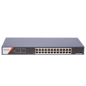 Hikvision Switch PoE Gerível - 24 Portas PoE Gigabit + 2 Uplinks ópticos SFP - Velocidade Gigabit 10/100/1000 Mbps por porta - Potência de 30W por porta / Máximo 370W - Controlo centralizado através do Hik-Partner Pro - Prevenção de loops STP, RSTP e G.80