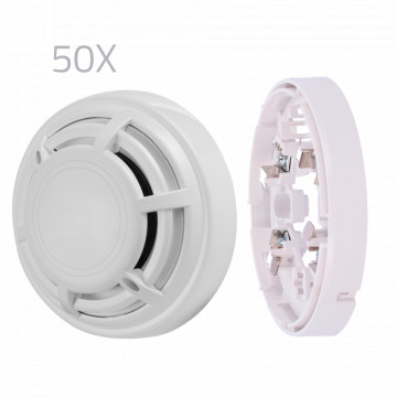 Kit 50 de detectores térmicos e bases DMTech - Detector convencional termovelocimétrico - Certificado EN54 part 5 - Duplo LED de alarme para sua visualização desde qualquer lugar - Fabricado em material ABS com resistência ao calor - Base de perfil baixo