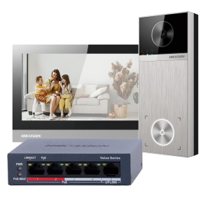 Kit de videoporteiro 4 Mpx - Tecnologia IP e WiFi | Switch PoE - Placa e monitor | Permite 16 monitores mais - Bluetooth | PoE - Aplicação móvel com P2P | Relés internos no monitor - Montagem à superfície | IP65