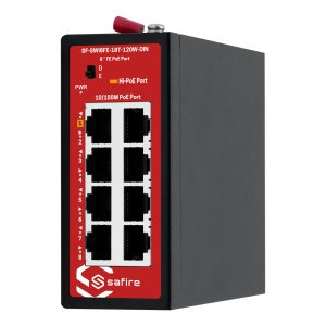 Safire Industrial Hi-PoE DIN Switch - 8 puertos PoE Fast Ethernet 10/100 Mbps - Presupuesto PoE 150W con Hi-PoE 60W en puerto 1 - Diseño industrial extremo desde -40 °C a 75 °C - Modo Extend para transmisión hasta 250 metros - Chasis de hierro fundido par