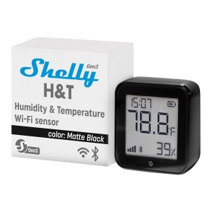 Shelly H&amp;T Gen 3 Preto Mate - WiFi 2.4 GHz IEEE802.11 b/g/n / Bluetooth - Sensor H&amp;T - Ecrã de baixo consumo de energia - Suporta 5V / 4 Pilhas AA - Compatível com Alexa e Google