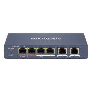 Switch gestionable Hikvision HiPoE - 4 puertos PoE 802.3af/at + 2 enlaces ascendentes RJ45 - 4 RJ45 10/100 Mbps + 2 RJ45 10/100 Mbps - 802.3af/at/bt / Máximo 60 W - VLAN/Aislamiento de puertos/Detección de bucles/LLDP - Agregación de enlaces/Control PoE/SNMP