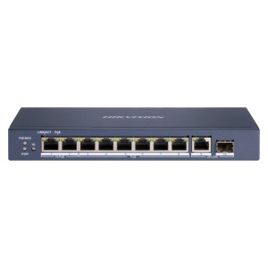 Switch Hi-PoE Hikvision - 8 Portas PoE + 1 Uplink RJ45 + 1 Uplink SFP - Velocidade da porta Gigabit 10/100/1000Mbps - 6PoE+ Portas 30W + 2 Porta Hi-PoE 90W - PoE Watchdog - Até 110W Potência PoE total