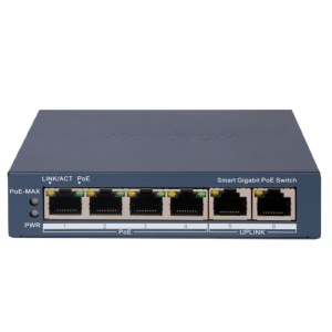Switch PoE Gigabit gestionable Hikvision - 4 puertos PoE 802.3af/at + 1 enlace ascendente RJ45 - 4 RJ45 10/100/1000 Mbps + 1 RJ45 10/100/1000 Mbps - 30 W por puerto 802.3af/at / Máximo 60 W - VLAN/Aislamiento de puerto/Detección de bucles/LLDP - Agregación de enlaces/Control PoE/SNMP