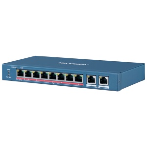 Switch PoE Hikvision - 8 portas 10/100 Mbps PoE + 2 Gigabit RJ45 - 1 Porta PoE+ 802.3af/at - Até 110W Potência PoE total - Instalação na parede ou na secretária - Gestão inteligente de PoE