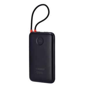 VEGER Power Bank com ecrã LCD - Capacidade 10000mAh - Entradas USB-C e cabo integrado - Saídas USB-C, USB-A e cabos integrados - Cabos integrados: USB-C - Carregamento ultrarrápido 3 dispositivos em simultâneo