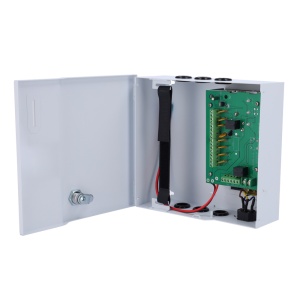 Alimentador para controlo de acesso - Configurável NO/NC | Entrada de sinal de incêndio - Saída DC 11-14V / 5A / 60W - Caixa metálica com fechadura - Adequado para bateria auxiliar 12V / 7Ah - Montagem na superfície