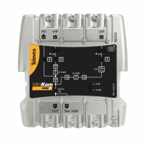 Amplificador MiniKom MATV 3e/1s "EasyF": FM-VHF-UHF G 15-(24||34)-(26||36)dB Vs 113-114-116dBµV Alim.Pré-amp.12V-200mA (Passagem DC Comutável)