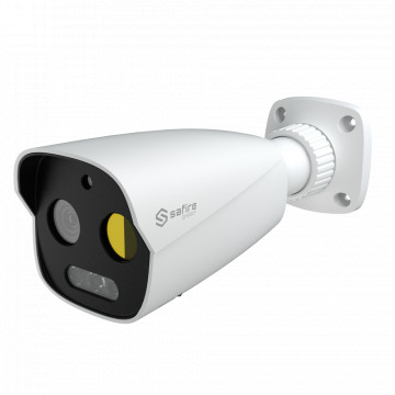 Câmara térmica Dual Bullet IP Safire Smart - Sensor térmico 256x192 VOx | Lente 3.2 mm - Sensor óptico 1/2.7” 5 Mpx | Lente 4 mm - Sensibilidade térmica ≤ 50mK - IA baseada na classificação humana e de veículos - Taxa de medição do tempo -20~150ºC / ± 8ºC