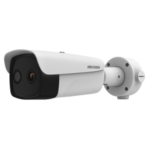 Câmara Térmica IP Dupla Hikvision Gama PRO - Sensor térmico 384x288 VOx | Lente 7.6mm - Sensor ótico 1/2.7” 4Mpx | Lente 4.3mm - Sensibilidade térmica ≤20mK (25°C, F1.0) - Deteção e alarme preventivos de incêndios - Intervalo de medição temp -20~150ºC / ±