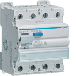 CDH663A - Inter. dif. 3P+N 63A 30 mA tipo A HI 4M HAGER EAN:3250611621379