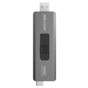 Disco SSD portátil da Hikvision - Formato da pen drive - Capacidade 1 TB - Interface USB tipo A e USB Tipo C - Velocidade de leitura/escrita: 530/450 MB/s - Função OTG