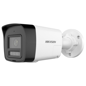 Hikvision IP-Bullet-Kamera Wertebereich – 2 MP Auflösung (1920 x 1080) MP [%VAR%] – 2,8 mm Objektiv | Eingebautes Mikrofon und Lautsprecher – Hybridlicht 30 m | Sirenen- und Blitzabschreckung – Bewegungserkennung 2.0 – PoE | IP67 | MicroSD