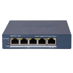 Hikvision Switch PoE Gerível - 4 Portas PoE 802.3af/at + 1 Uplink - Velocidade Gigabit 10/100/1000 Mbps por porta - Potência de 30W por porta / Máximo 45W - Transmissão de longo alcance até 300m - PoE Watchdog para reinicialização automática das câmaras