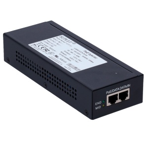 Injetor Hi-PoE da Hikvision de alto desempenho. - Suporta os padrões modernos da IEEE 802.3af/at/bt. - Possui 2 portas RJ45 (Entrada/Saída). - Fornecimento de potência elevada até 60 W. - Transferência de dados Gigabit 10/100/1000M. - Circuito eletrónico