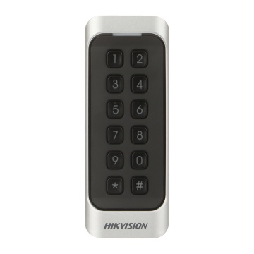 Leitor de acesso para armações - Acesso por cartão MF e PIN - Indicador LED e acústico - Wiegand 26/34 | RS485 - Compatível com os controladores Hikvision - Apto para exterior IP65