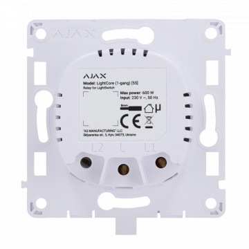 Relé a cambiar de luz inteligente soltero - Sin cables 868 megahercio Joyero - Rango de comunicación hasta 1100 m - Fuente de alimento 230 V AC 50 Hz - No há necesidad de cable neutral - Ajax - Enchufe Lámpara (1 Banda)