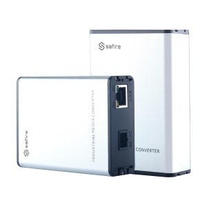 Safire Kit (2) conversor de meios industrial - 1x Porta Ethernet RJ45 - 1x Conector Simplex SC - Gigabit Ethernet 10/100/1000Mbps - 20Km Distância de transmissão da fibra - Alimentação AC100-240V ou DC5V1A