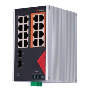 Safire Switch AC- und DC-Industrienetzteil – 16 Gigabit-Ports + 2 Gigabit-SFPs – 6 30-W-PoE+-Ports + 2 60-W-Hi-PoE-Ports – PoE-Watchdog – Bis zu 130 W PoE-Gesamtleistung – DIN-Schieneninstallation