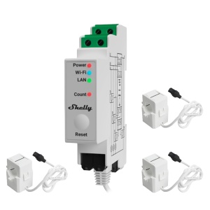 Shelly Pro 3EM 120A - Medição de 3 canais / 3x pinças 120A incluídas - Monitorização de 4 quadrantes (Solar/Rede) - WiFi 2.4GHz / Bluetooth / LAN - Suporta AC 110-240V / Medidor de consumo - Compatível com a Alexa e o Google